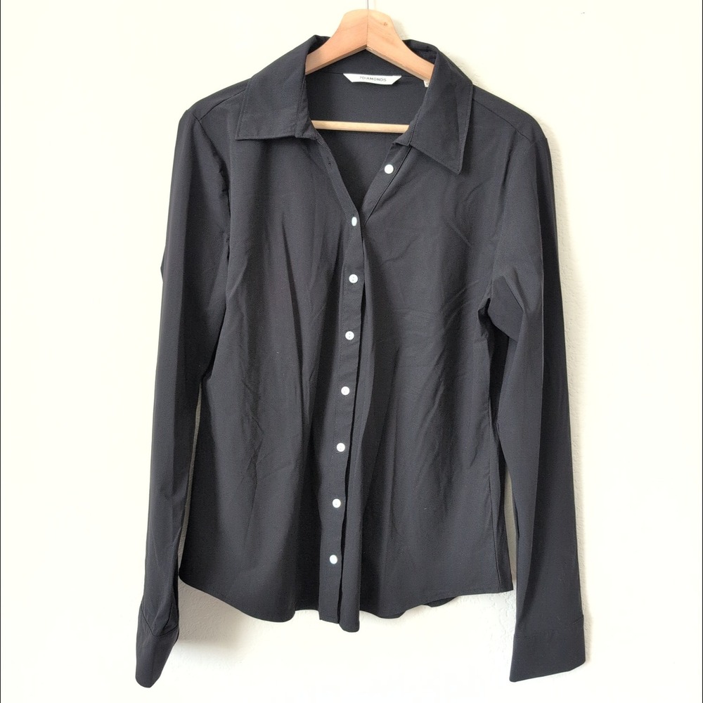 7Diamonds Luxe Blouse Womens Black Long Sleeve Button Down Stretch Shirt XL Chic